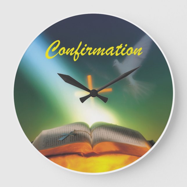 Confirmation Dove, Bible, Cross Large Clock (Front)