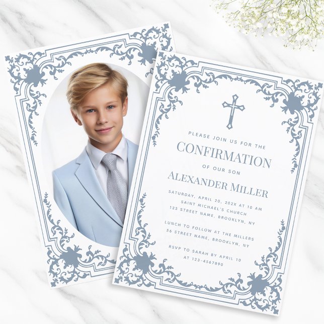 Confirmation Dusty Blue Boy Photo Elegant Vintage Invitation (Creator Uploaded)