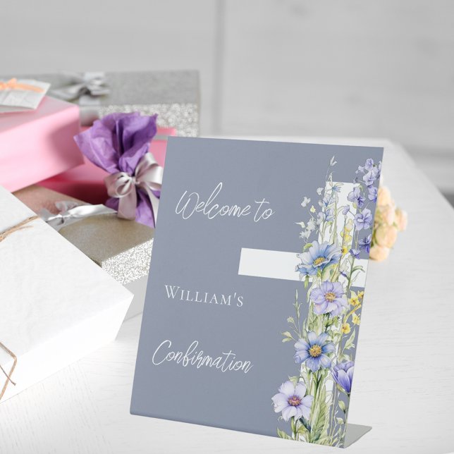 Confirmation dusty blue floral cross welcome pedestal sign (Creator Uploaded)