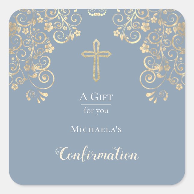  Confirmation Dusty Blue Gold Swirl Favour  Square Sticker (Front)