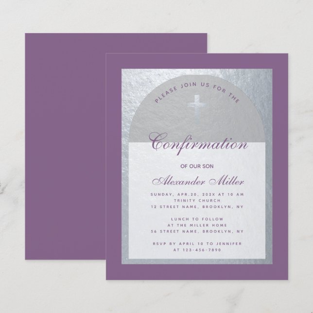 Confirmation Dusty Purple Silver Budget Invitation (Front/Back)