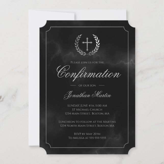Confirmation Elegant Black Marble Silver Script Invitation (Front)