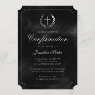 Confirmation Elegant Black Marble Silver Script Invitation