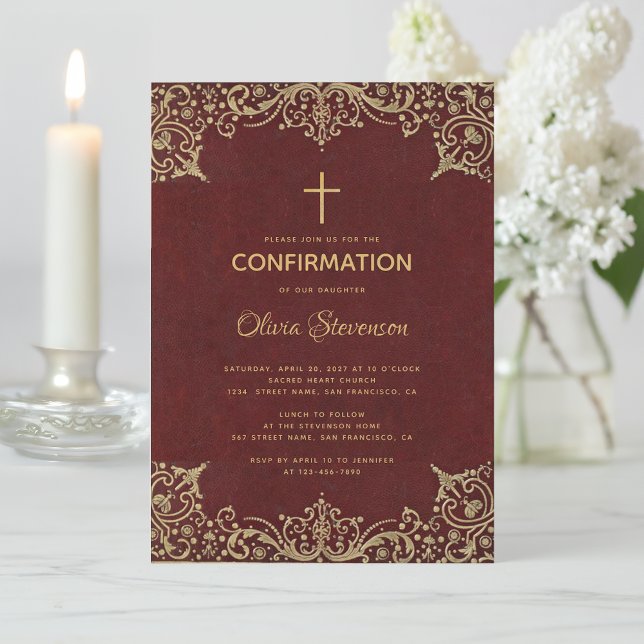 Confirmation Elegant Burgundy Gold Cross Vintage Invitation (Creator Uploaded)