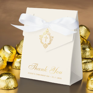 Confirmation Elegant Ivory Faux Gold Cross & Crest Favour Box