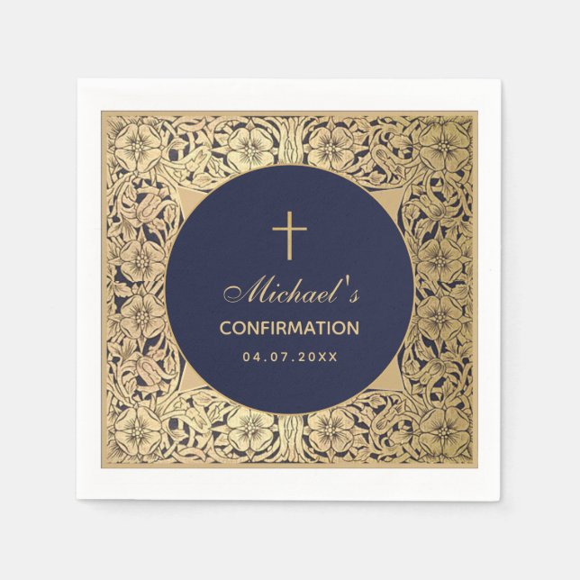 Confirmation Elegant Vintage Gold Roses Navy Blue  Napkin (Front)