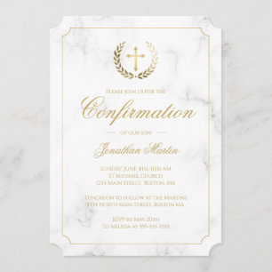 Confirmation Elegant White Marble Gold Script Boy Invitation
