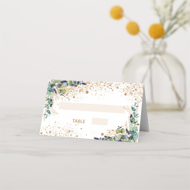 Confirmation eucalyptus gold glitter sparkles place card (Front)