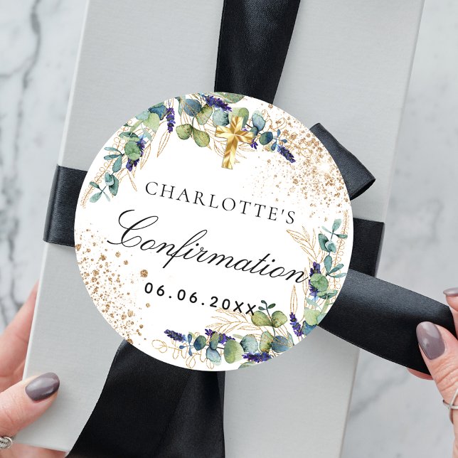 Confirmation eucalyptus greenery gold classic round sticker (Creator Uploaded)