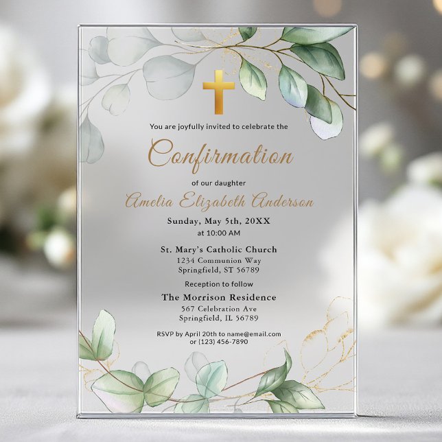 Confirmation Eucalyptus Greenery Gold Girl Acrylic Invitations (Creator Uploaded)