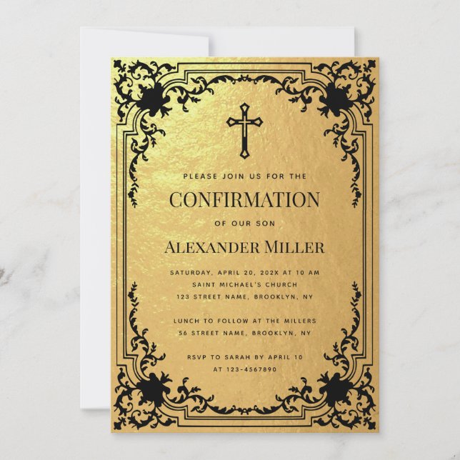 Confirmation Faux Gold Foil Vintage Cross Luxury Invitation (Front)
