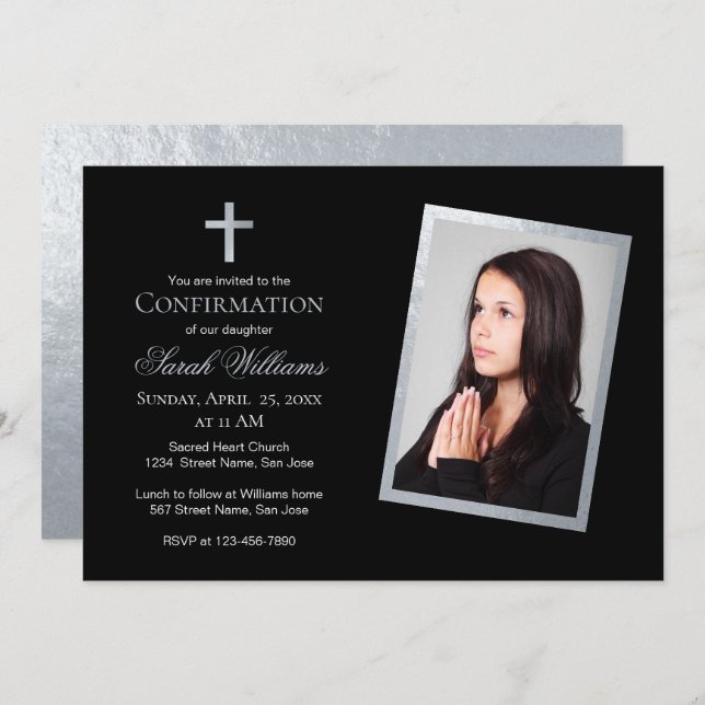 Confirmation Faux Silver & Black Photo Calligraphy Invitation (Front/Back)