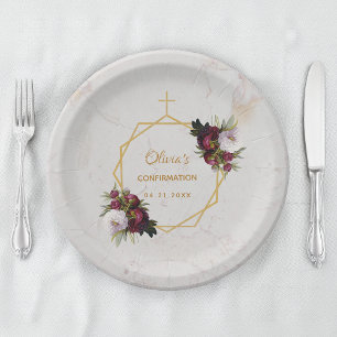 Confirmation Floral Burgundy Peonies Marble Gold Paper Plate