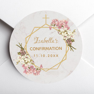 Confirmation Floral Gold Cross Pink Orchids Marble Classic Round Sticker