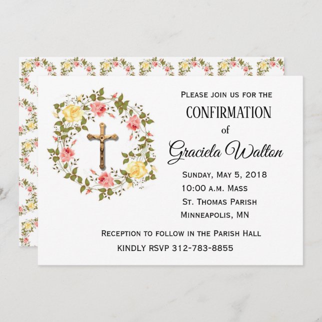 Confirmation Floral Wreath Crucifix Invitation (Front/Back)