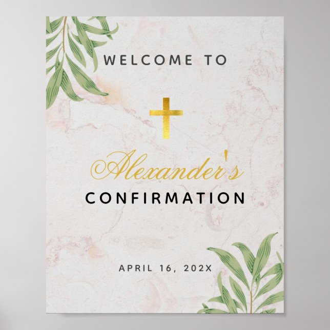 Confirmation Foliage Marble Cross Greenery Welcome Poster (Front)