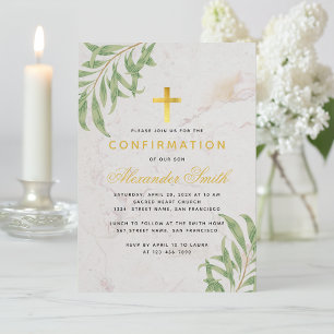 Confirmation Foliage Marble Gold Willow Leaves Invitation