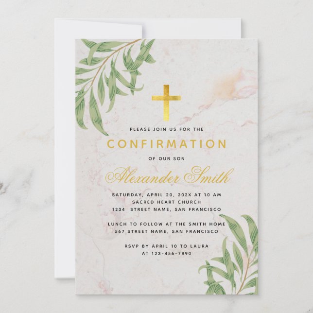Confirmation Foliage Marble Gold Willow Leaves Invitation (Front)