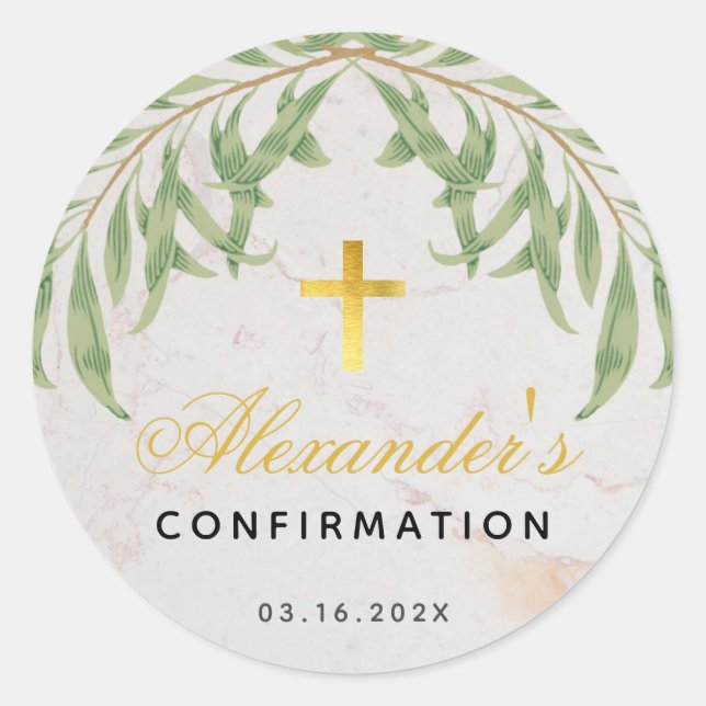 Confirmation Foliage Marble Script Faux Gold Cross Classic Round Sticker (Front)