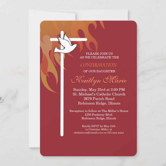 Confirmation for Daughter Cross Dove on Red Invitation (Front)