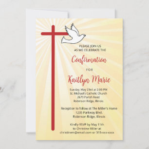 Confirmation for Female Cross Dove Gold Rays Invitation