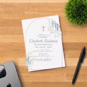 Confirmation For Her Modern Foliage Gold Cross Acrylic Invitations