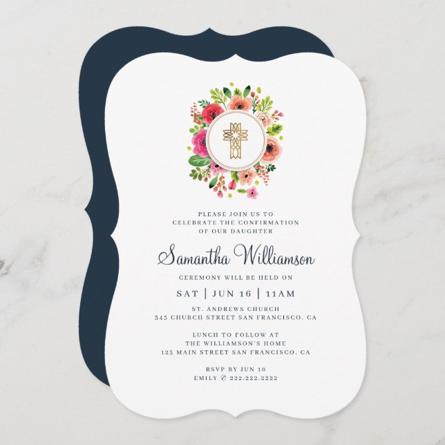Confirmation For Her Watercolor Floral Cross Invitation (Front/Back)