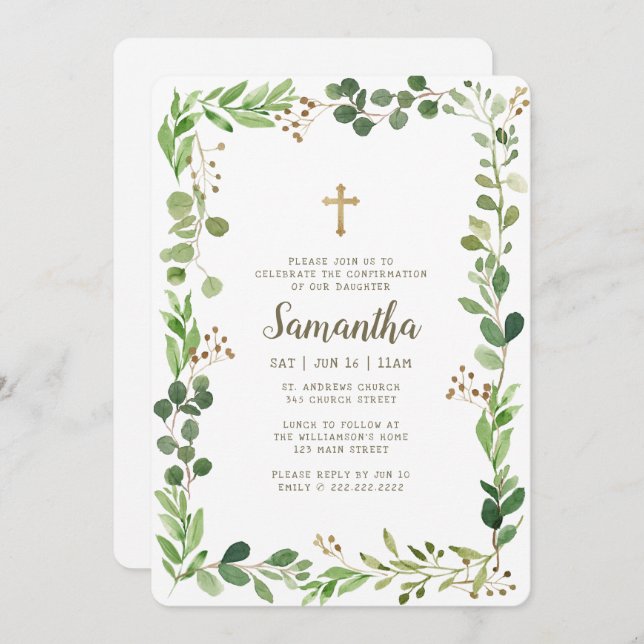 Confirmation For Her Watercolor Foliage Cross Invitation (Front/Back)