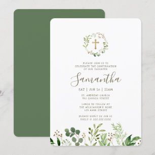 Confirmation For Her Watercolor Foliage Gold Cross Invitation
