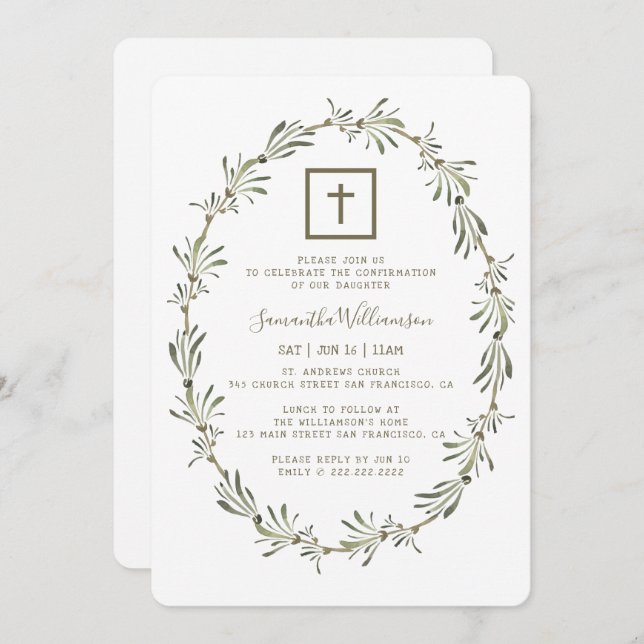 Confirmation For Her Watercolor Green Foliage Invitation (Front/Back)