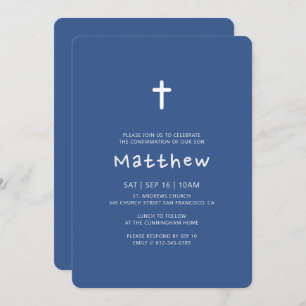Confirmation For Him   Modern Cross Classic Blue Invitation