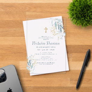 Confirmation For Him Modern Foliage Gold Cross Acrylic Invitations