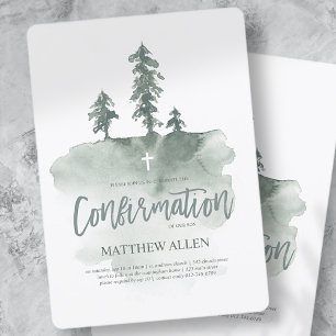 Confirmation For Him   Watercolor Pine Trees Invitation