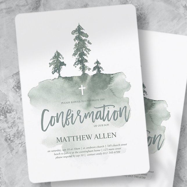 Confirmation For Him | Watercolor Pine Trees Invitation (Creator Uploaded)