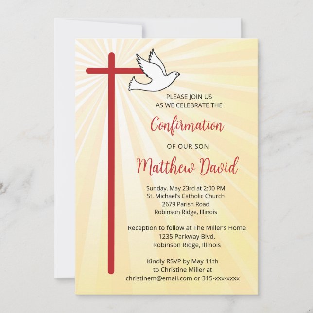 Confirmation for Son Cross Dove Gold Rays Invitation (Front)