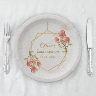 Confirmation Girl Marble Pink Magnolia Geometric Paper Plate