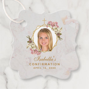Confirmation Girl Photo Floral Pink Orchids Marble Favour Tags