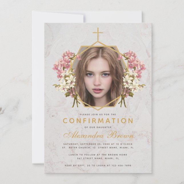 Confirmation Girl Photo Floral Pink Orchids Marble Invitation (Front)