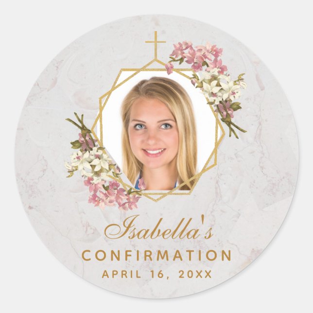 Confirmation Girl Photo Pink Orchids Gold Marble  Classic Round Sticker (Front)