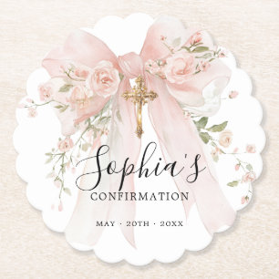 Confirmation Girl Pink Bow Roses Custom Paper Coaster