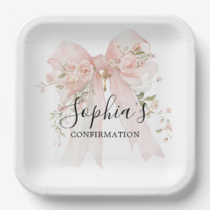Confirmation Girl Pink Bow Roses Paper Plate