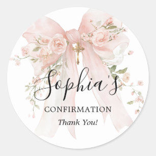 Confirmation Girl Pink Bow Roses Thank You Classic Round Sticker