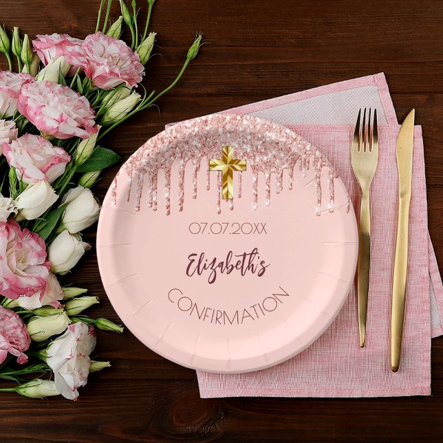 Confirmation girl rose gold glitter drips name paper plate (Creator Uploaded)