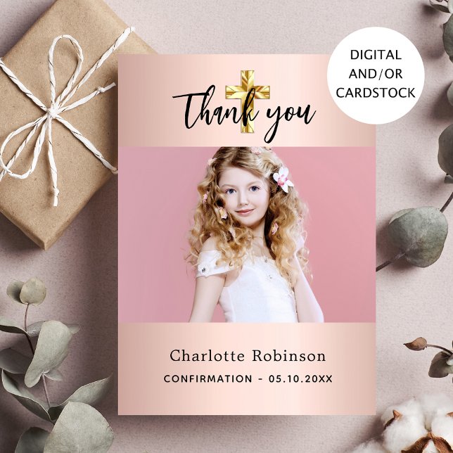 Confirmation girl rose gold photo thank you card (Creator Uploaded)