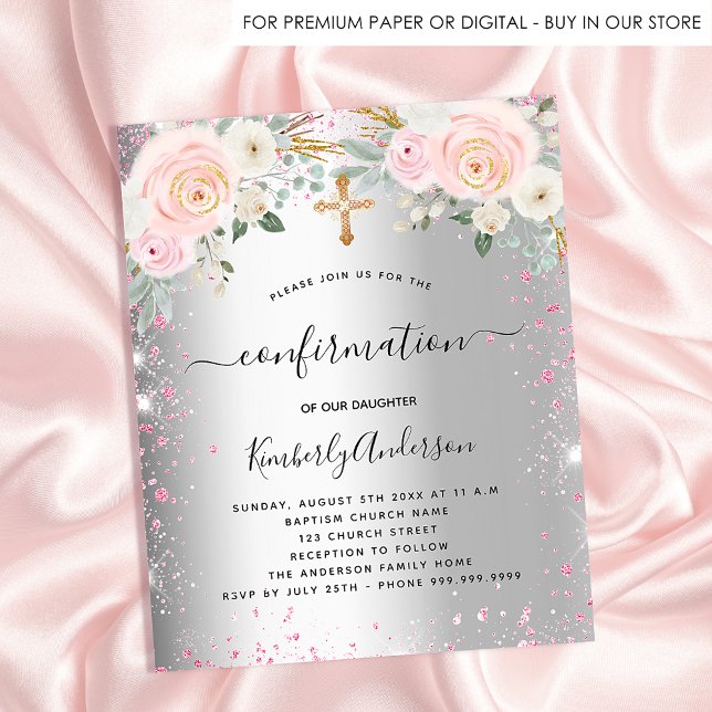 Confirmation girl silver pink floral invitation flyer (Creator Uploaded)