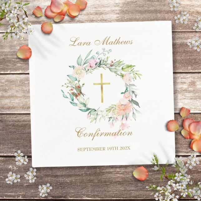 Confirmation Gold Cross Floral Garland  Napkin (Confirmation Gold Cross Floral Garland Napkins)
