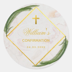 Confirmation Green Fern Faux Gold Marble Elegant Classic Round Sticker