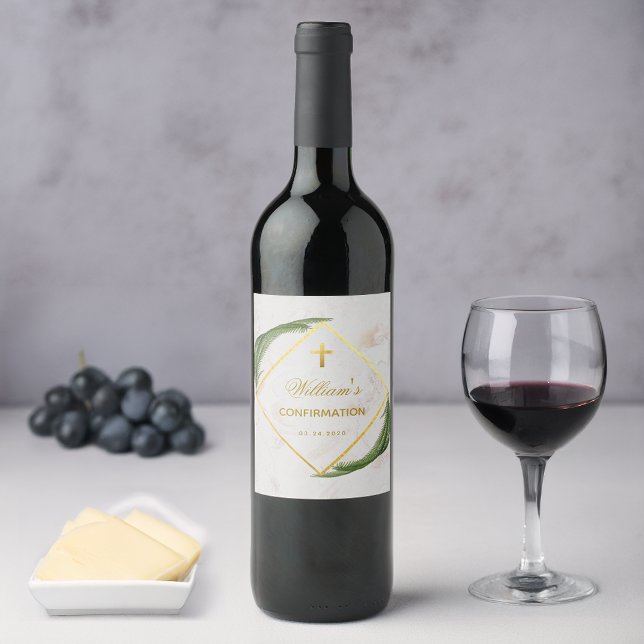 Confirmation Greenery Faux Gold Marble Fern Leaves Wine Label (Creator Uploaded)