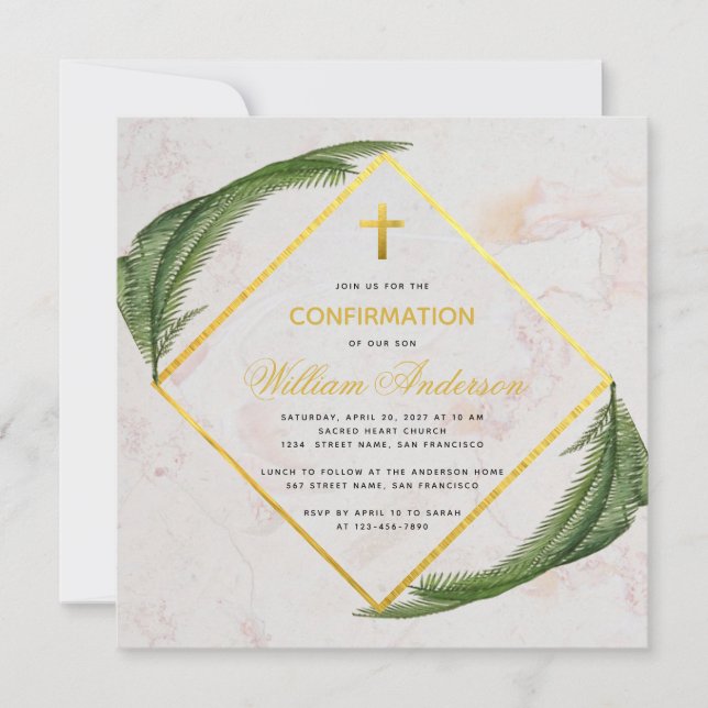 Confirmation Greenery Fern Leaves Faux Gold Marble Invitation (Front)