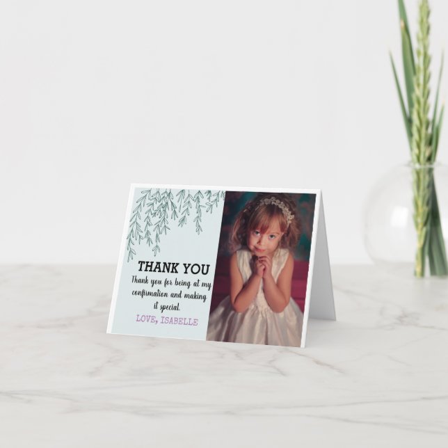 Confirmation Greenery With Personal Photo Thank You Card (Front)